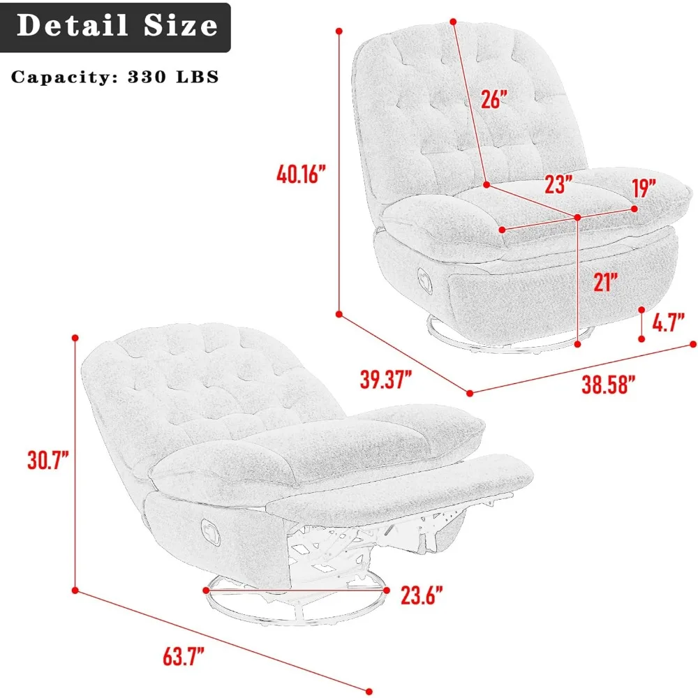 Swivel Recliner Chair for Adults, 360° Swivel Manual Reclining Chair, Thick Pad Upholstered Glider Rocker Lounge with Foot Rest