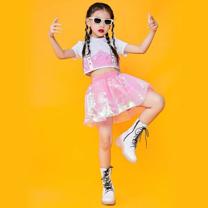 Kids Girls Sequin Jazz Street Dance Costume Modern Stage Performance Competition Outfit Children Dance Clothes Dancewear zym view 3