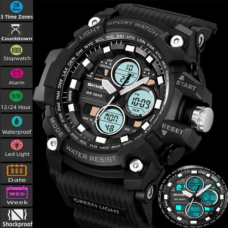 Skmei Fashion Big Size Dial Men Sports Watches Three Time Zone Analog Digital Display LED Waterproof Alarm Clock Male Stop Watch
