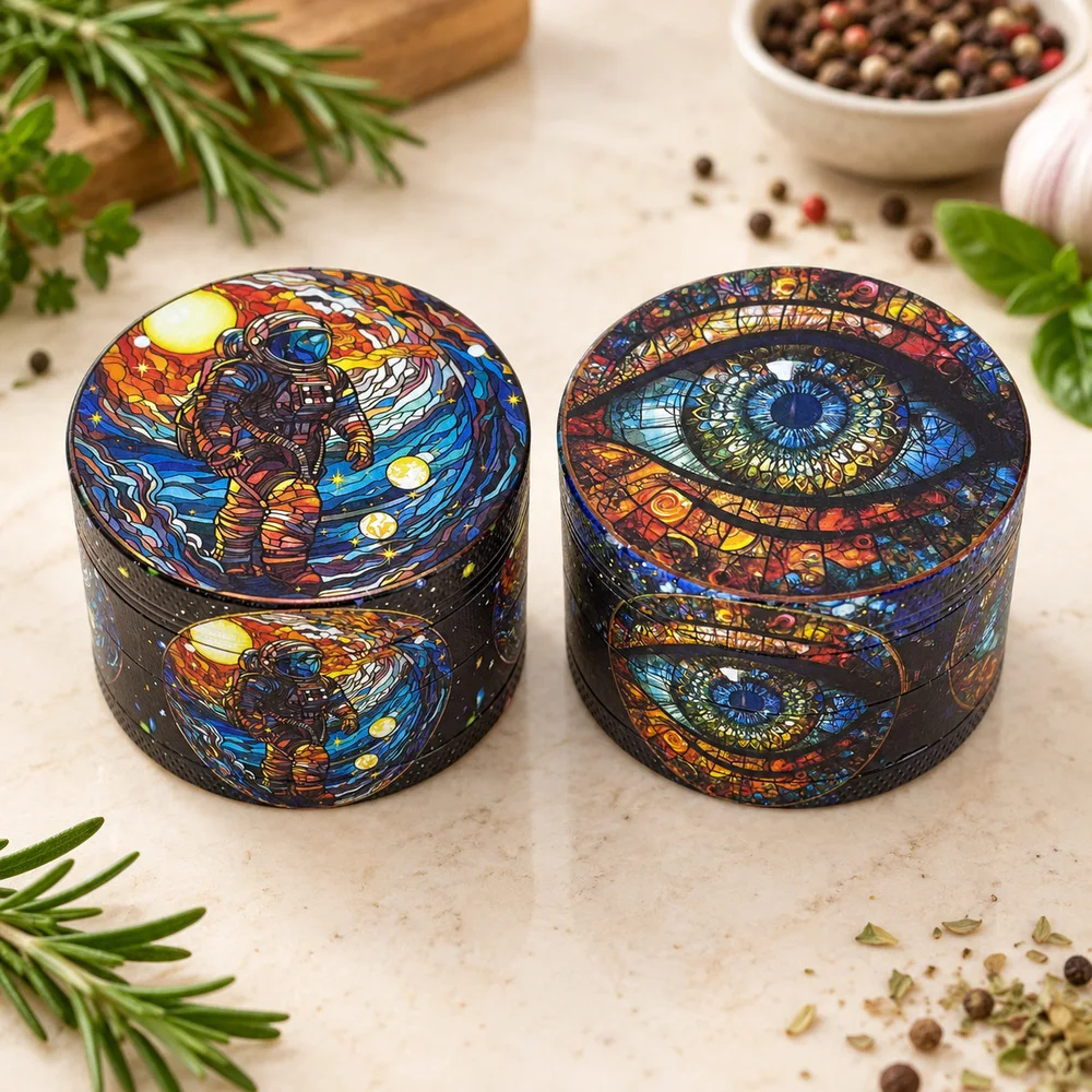 50 mm Metal Herb Grinder, Astronaut or Eye Print Manual Tobacco Shredder, 4 Layer Mill, Scraper, Smoking Rolling Accessories