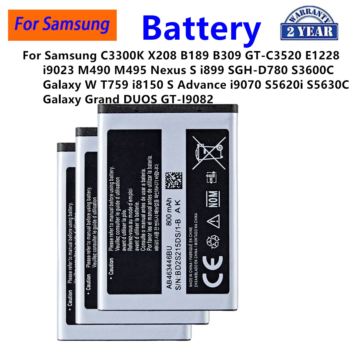 

AB463446BU EB484659V UBattery For Samsung C3300K i9023 Nexus S i899 SGH-D780 S3600C W T759 Galaxy S Advance i9070 Grand DUOS