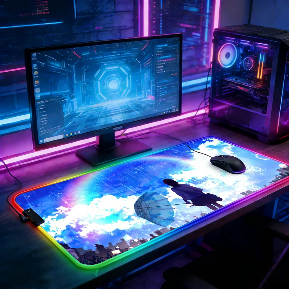 

LED Lighting RGB Mouse Pad E-sports Game Keyboard Pad Table Mats Rainbow Sky Girl Anime Laptop Accessories Deskmat Mousepad Pc