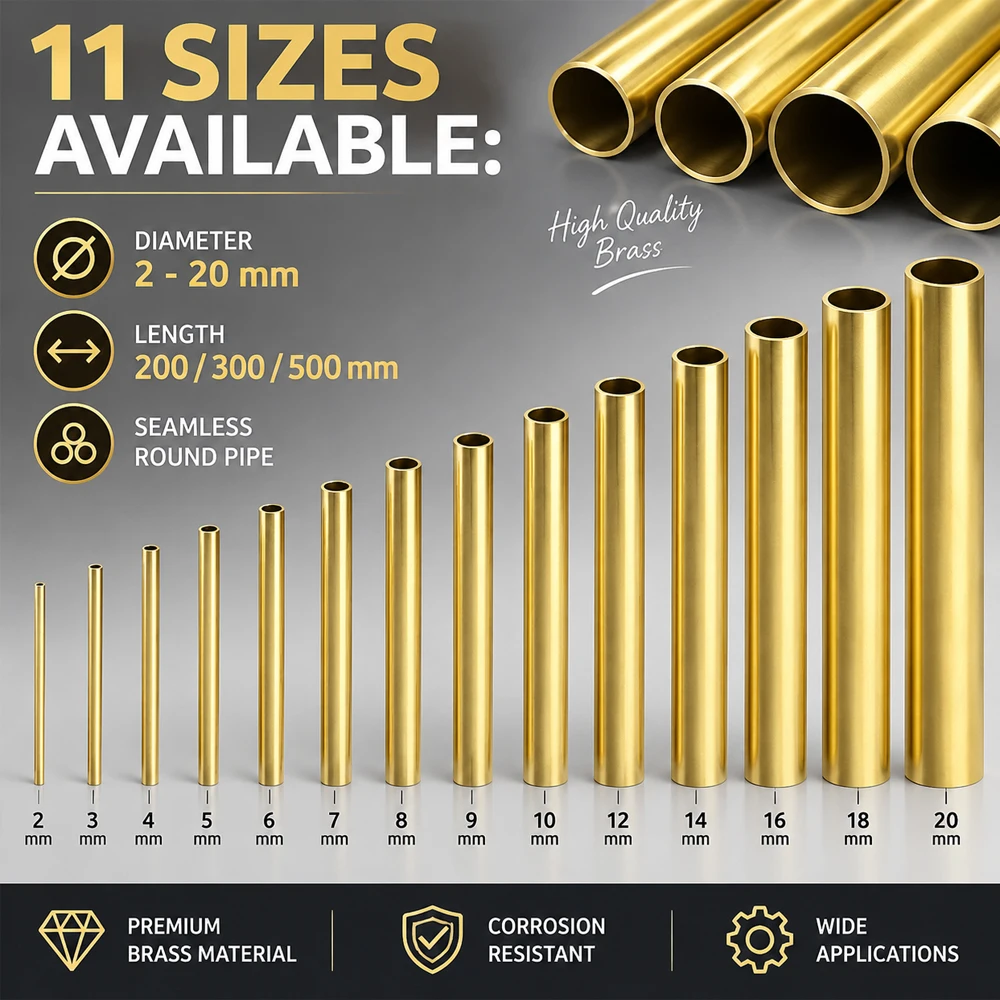 1/5Pcs 1-23mm Diameter 200/300/500mm Length Brass Tube Round Pipe, Seamless Hollow Metal Tubing DIY Model Making Craft
