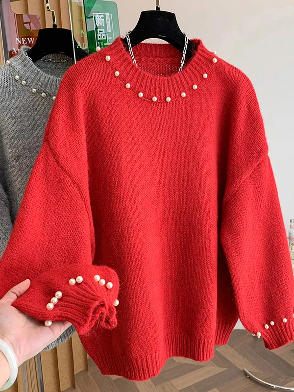 

Женский свободный вязаный свитер с жемчугом, осенне-зимний верхний повседневный модный удобный трикотаж больших размеров