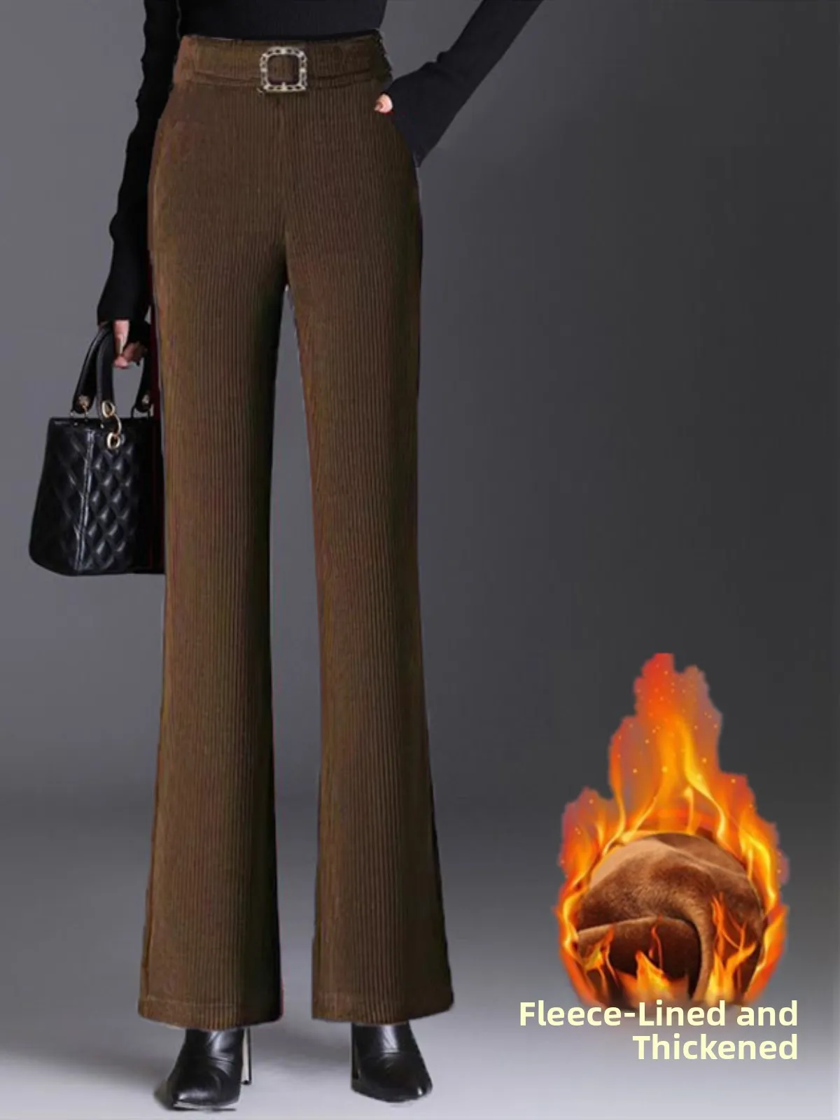 Thiened Fce Gevoerde Corduroy Dames Wijde Pijpen Broek Hoge Taille Afslankende Casual Broek Herfst Winter Faion Plus Size