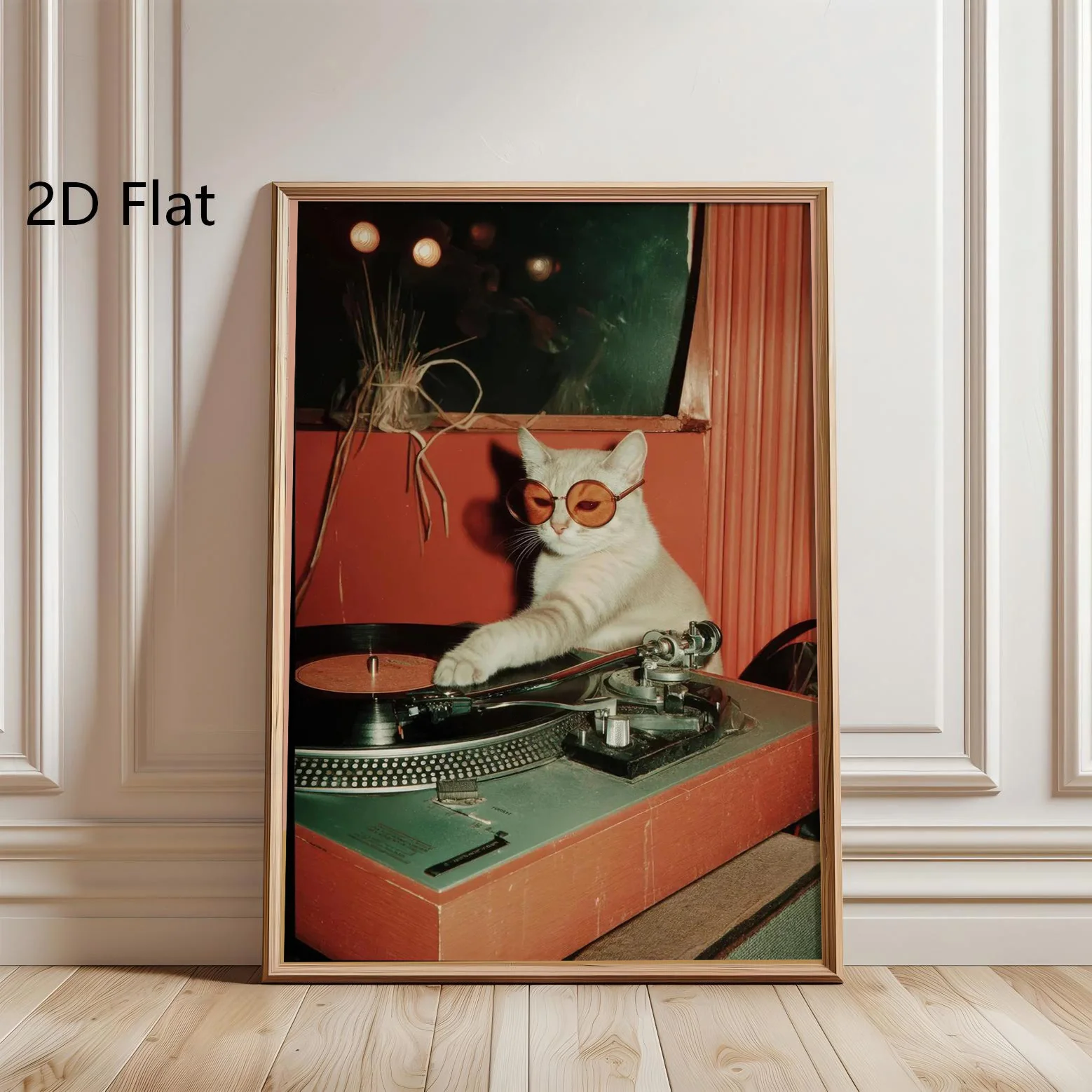 Canvas Painting Retro DJ Cat Poster Cool Vinyl Record Player Wall Decoration Music Lounge Record Collectors and Cat Lovers Decor