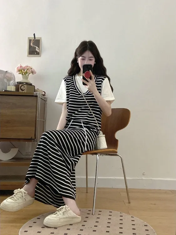 

Повседневный комплект больших размеров, женский летний новый Sle Splice ort Sve Top f Юбка для похудения, комплект из двух предметов, модный ансамбль