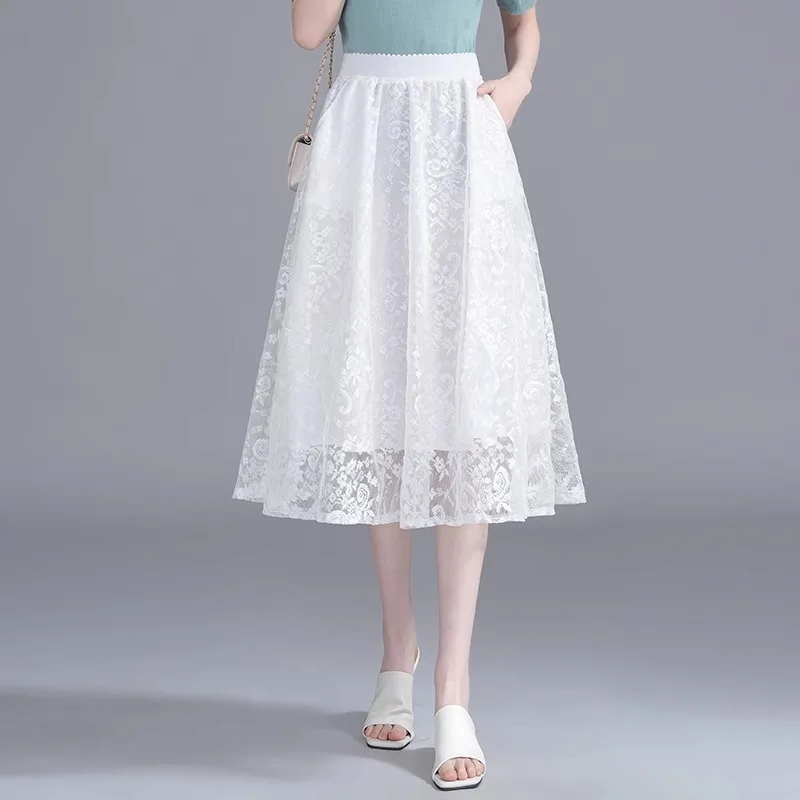 تنورة مظلة بيضاء للنساء، خصر عالي، متوسط الطول، نمط صيفي رقيق، تنورة منتفخة أنيقة ومتعددة الاستخدامات