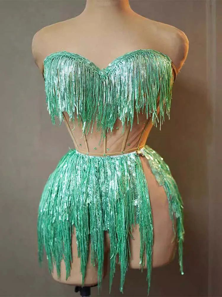 High Quality Green Hot Diamond Tassel Sexy Wrapped Chest Dress 2024 New Fashion Custom Women'S Clothing