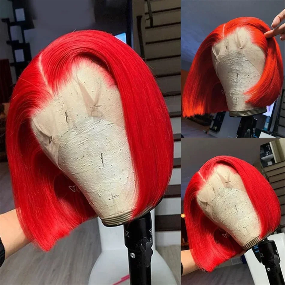 

180 Density Brazilian Colored Human Hair Wig Transparent 13x4 HD Lace Frontal Wigs Cosplay Red Straight Short Bob For Women