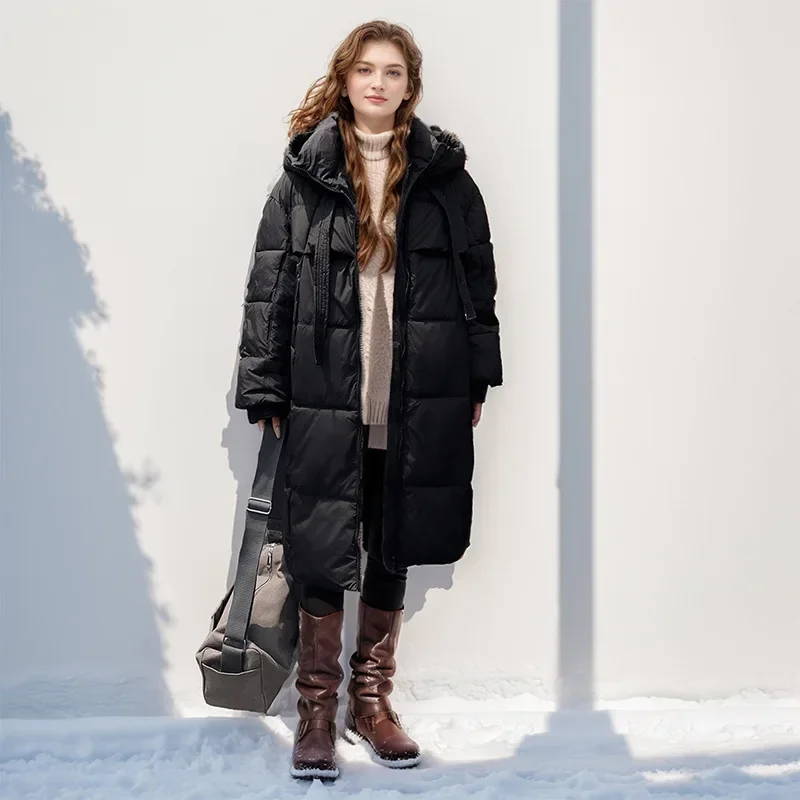 Winter 2024 Daunen Baumwoll jacke Frauen mit Puffer gepolsterte Jacke stilvolle Midi-Länge lang ärmel ige Kapuze einfarbig Thermo-Mantel