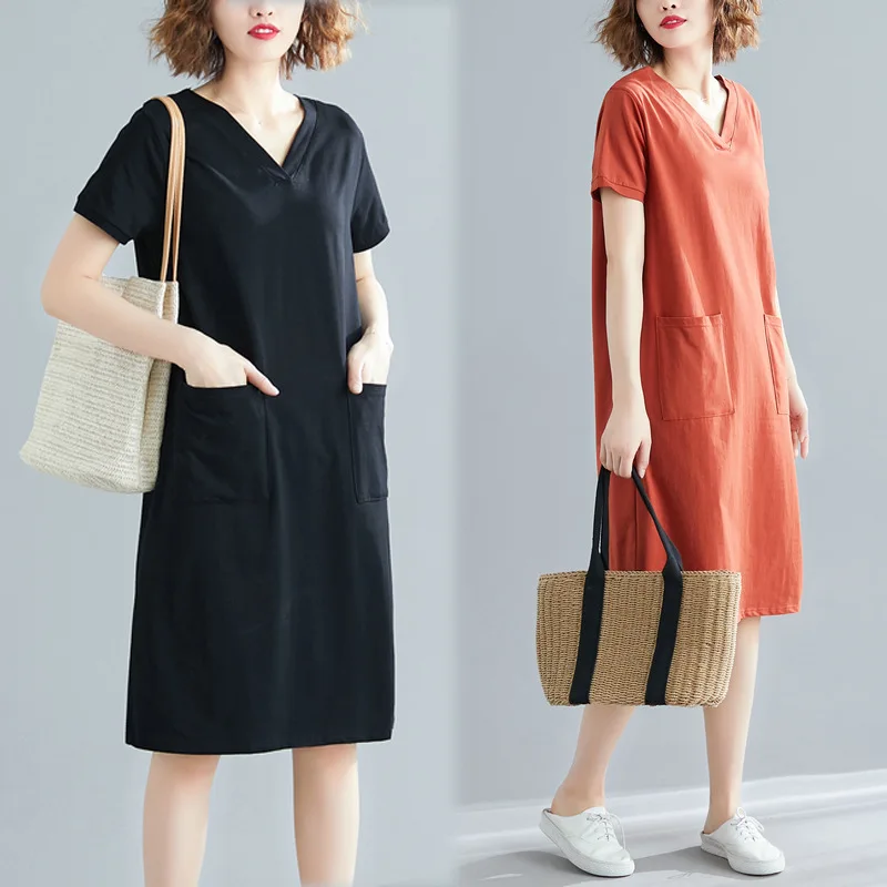 

Large Size Women'S Loose Medium Long T-Shirt Skirt Solid Color V-Neck Slimming Short Sleeved Dress