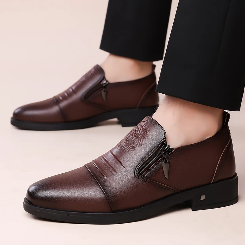 Fashion Men Low Cut Side Zipper Loafers Gentleman Business Leather Shoes Brand Elegant Slip on Man Casual Classic Low-heel Shoes