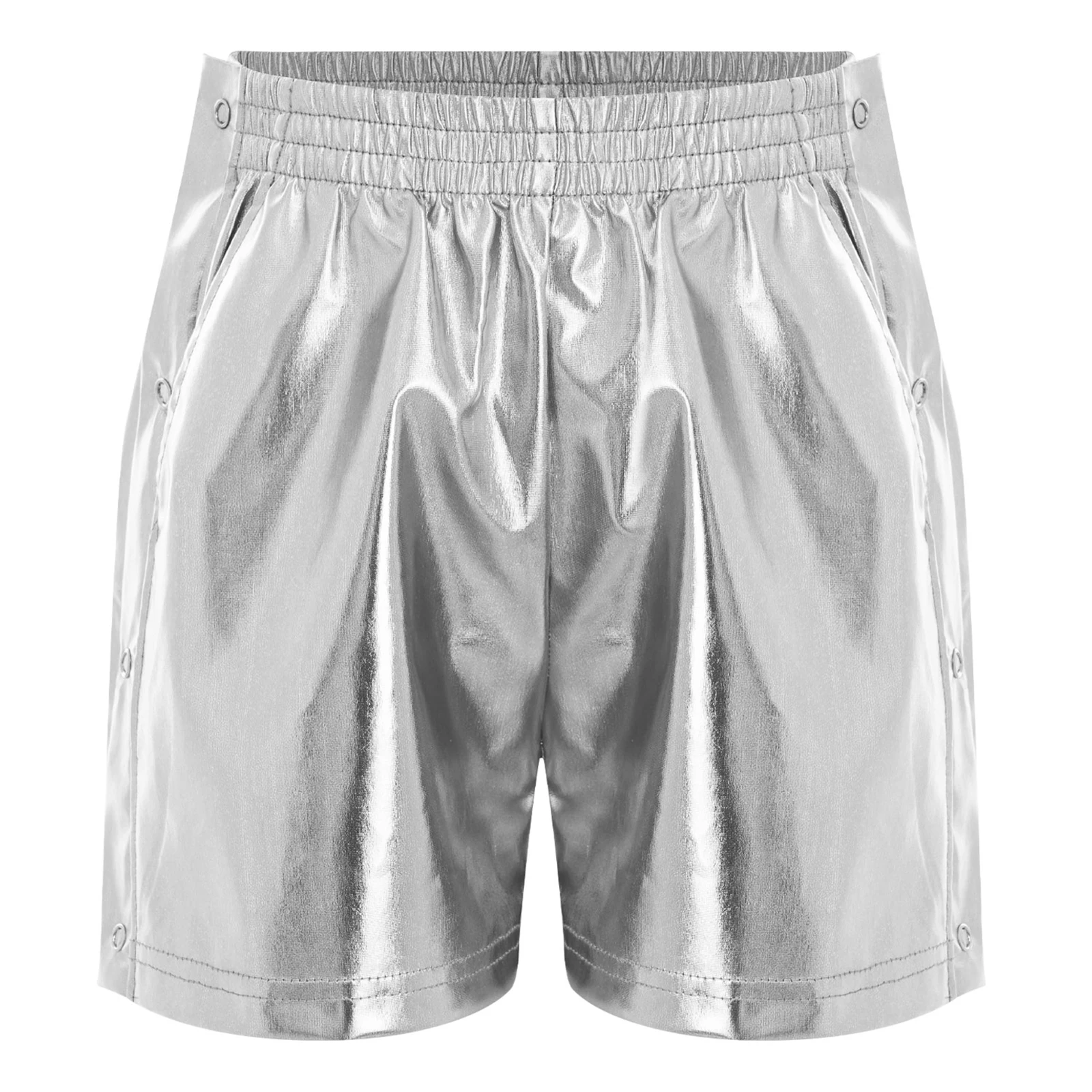 Kinder Mädchen Hip-Hop Jazz-Tanz-Outfit Aufführungskostüm mit seitlich geöffneter Metallweste mit Reißverschluss und seitlichen Druckknöpfen sowie glänzenden Shorts – Detail 5