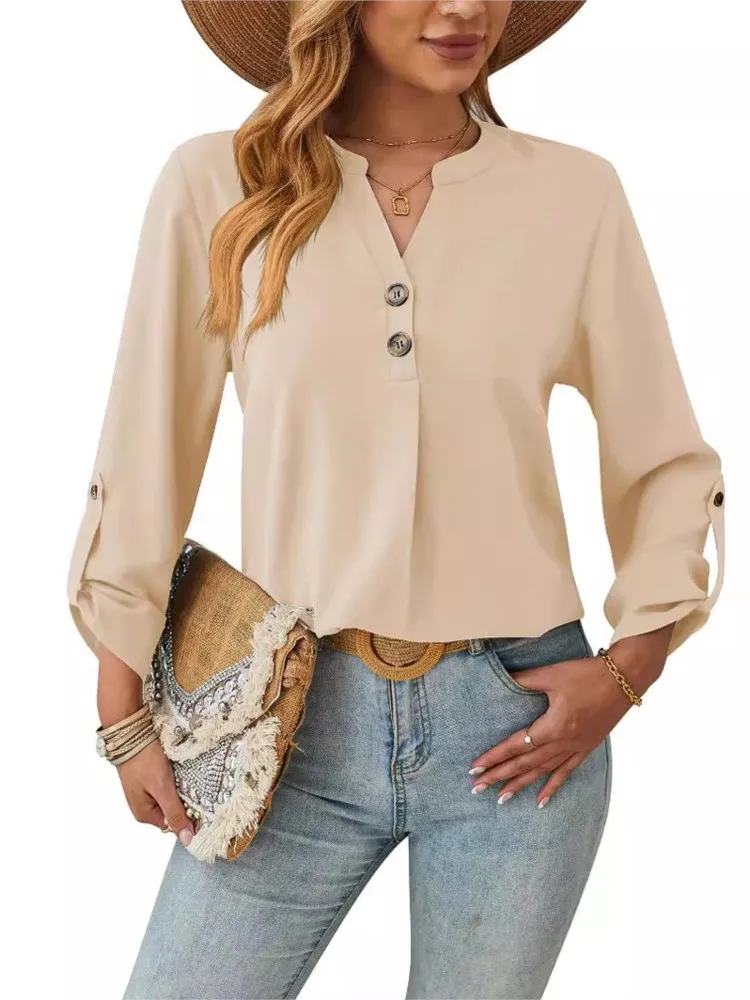 

Women's 2024 Spring Summer New Style Sexy V-neck Solid Color Comfortable Breathable Fashion Button Cuff Casual Long Sleeve Top