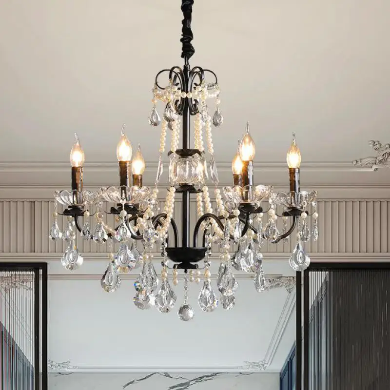 2025 New Black LED Pearl Chandelier for villa hall drawing room Bedroom Hotel penthouse deco Vintage Crystal Chandelier lighting