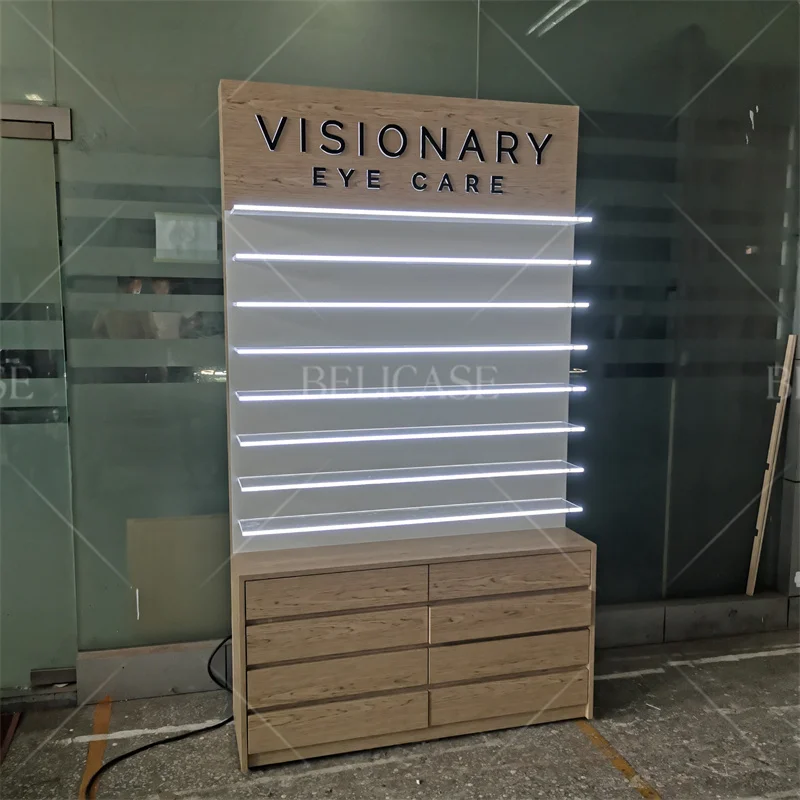 customized.Optical Shop Equipment Sunglasses Showcase Eyewear Display Cabinet with Led Lighting Optical Shop Interior Design Dec
