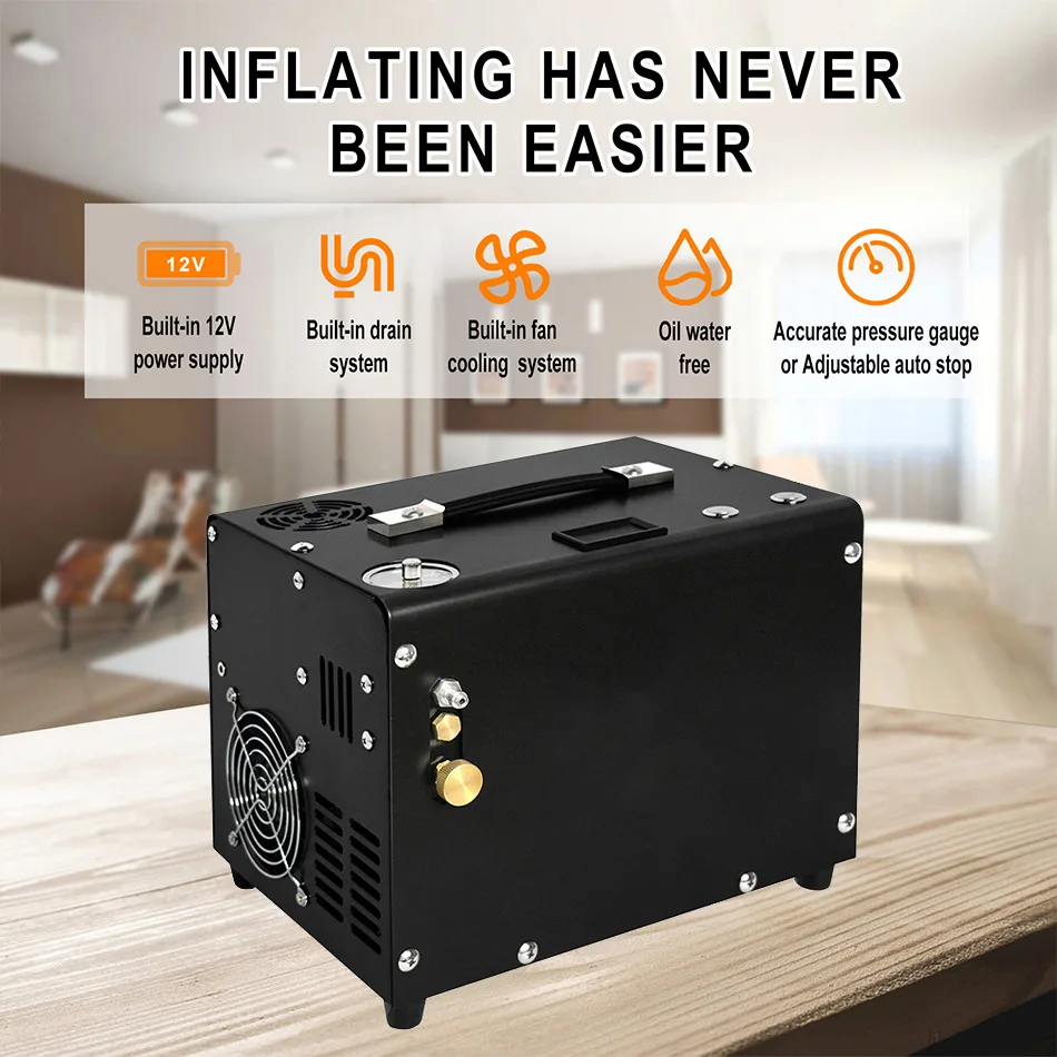 Manufacturer Direct 12V 4500psi 300 bar Automatic Stop Air Compressor for PCP Paintball Hunting Snorkeling Water Sports