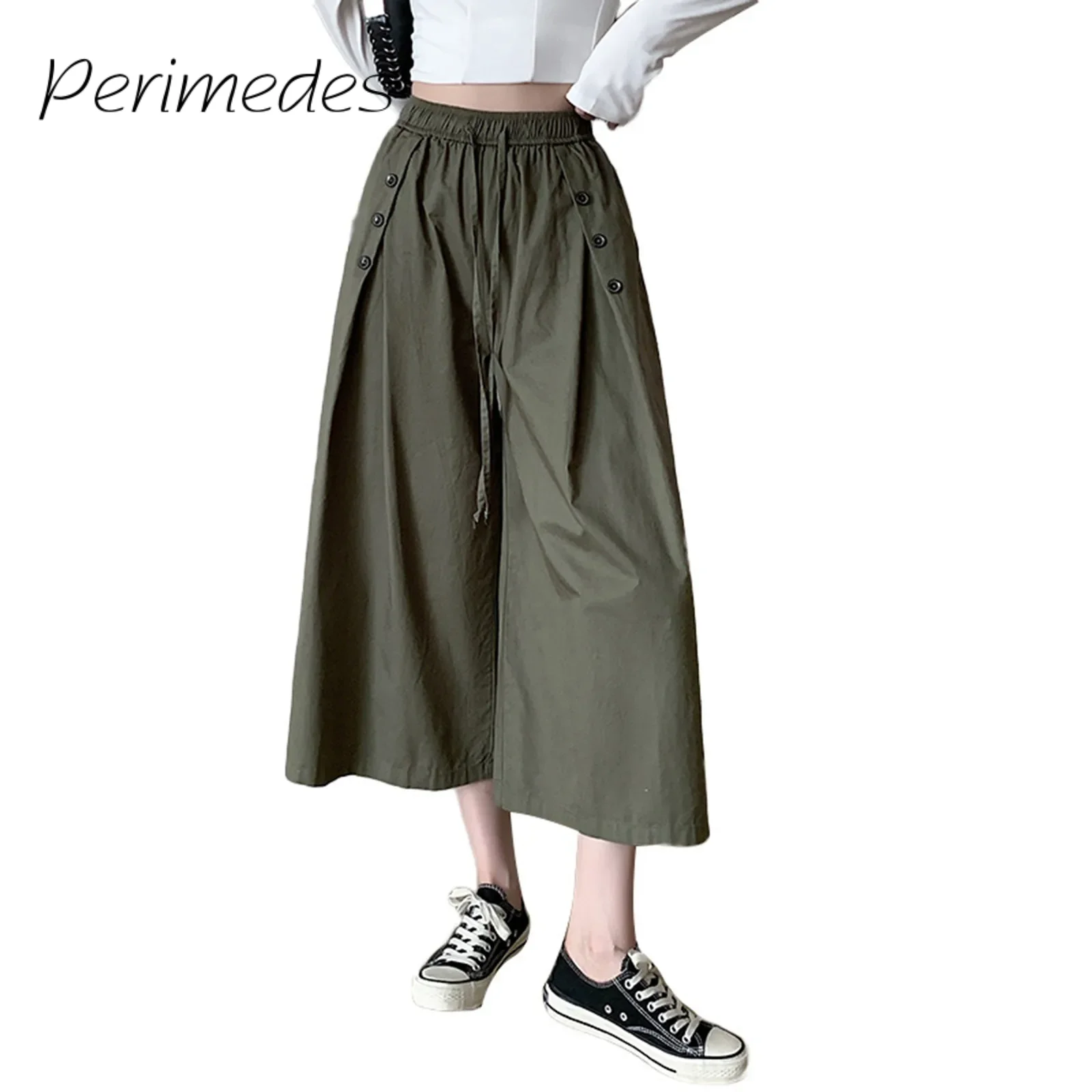 

Wide Leg Croppred Pants For Women Solid Color Loose High Waist Drawstring Pants Skirt Design Layered 2024 Summer New Pants