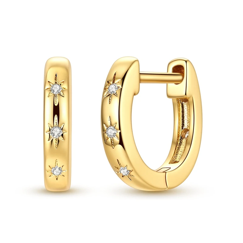 

925 Sterling Silver Earrings Women Zirconium Golden Stars Hoop Earring For Anniversary Wedding Jewelry Gifts