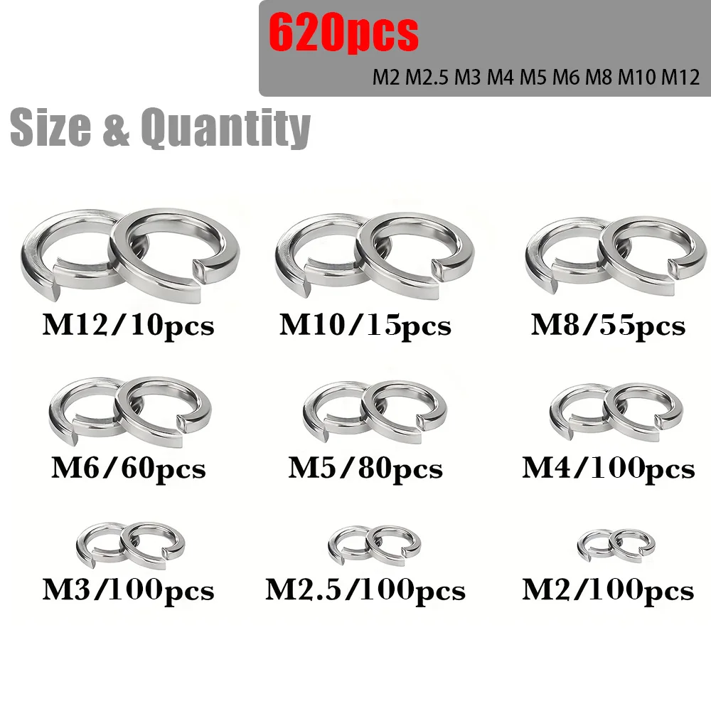 620-Piece Stainless Steel Spring Washer Set, M2-M12, 304 Stainless Steel, Suitable for Bolts and Screws, Multi-Purpose