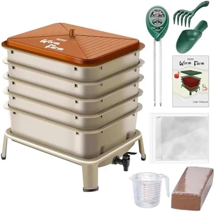 

Контейнер для червей с 5 лотками, компостер для внутреннего и наружного применения 53QT со стартовыми наборами для переработки пищевых отходов (золото)