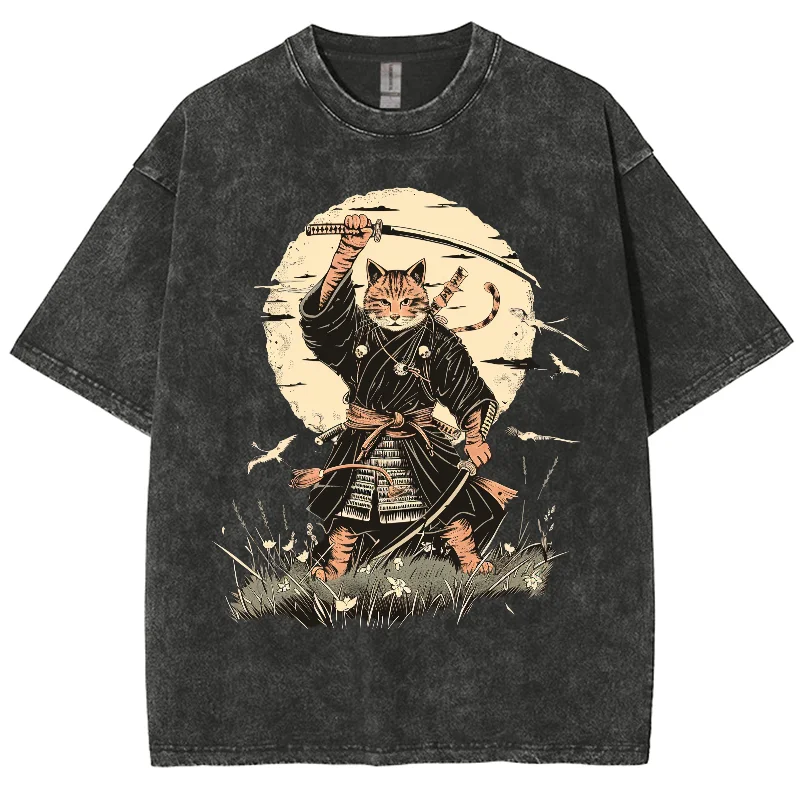 

Janpanese Anime Washed Tshirt, Cartoon Cat Ukiyoe Fantasy Style, Oversized Y2K Streetwear Vintage Washed T-shirts For Women Men