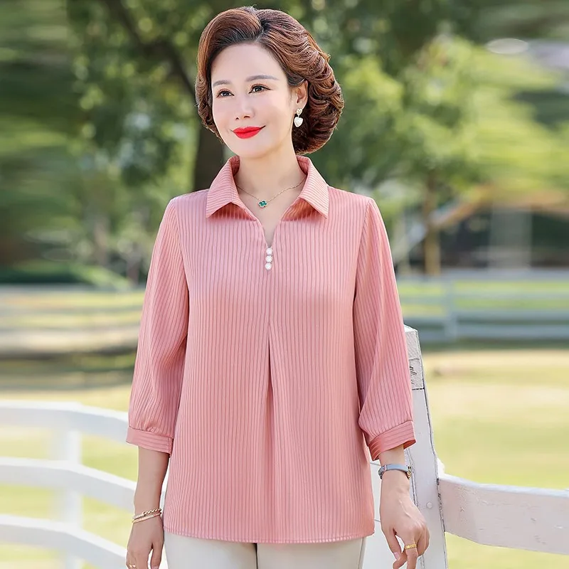 2024 Female Clothing Fashion Turn-down Collar Striped Printed Blouse Korean Vintage Commute Casual Button Shirt Tops Plus size