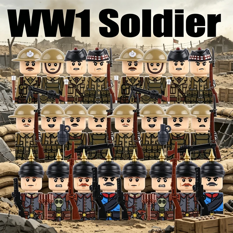 Image of MOC Militärserie WW1 Preußische Britische Soldatenfiguren Bausteine Armee Infanterie Krieger Rucksack Zubehör Bausteine Spielzeug