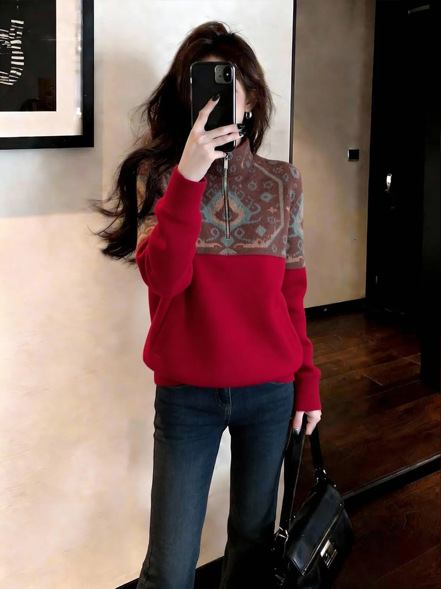 

Faionable Red Long Sve Knitted Sweater Zipper Ne Design Winter New Arrival Women's Casual Comfortable Straight Cut Woo...