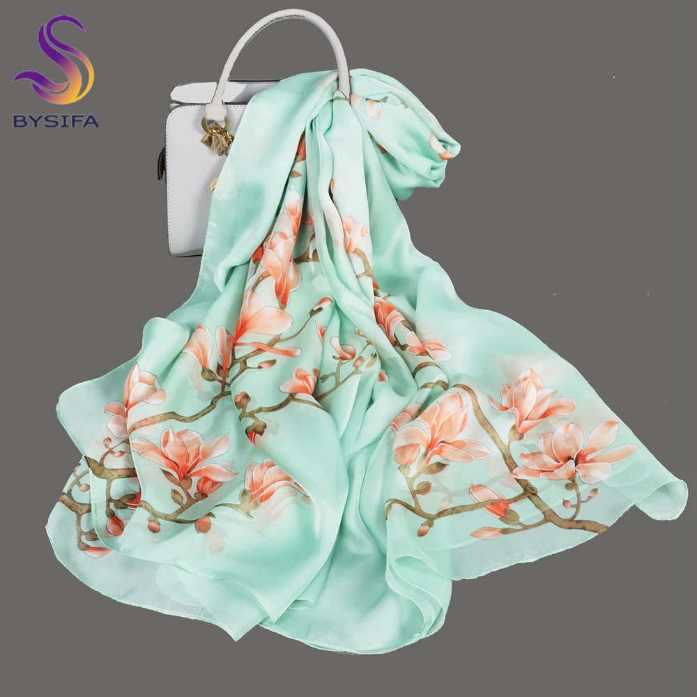 

BYSIFA| Light Green Silk Scarf Ladies Spring Fall Winter Floral Large Size Long Scarves Wraps Summer Beach Shawl Cover-ups