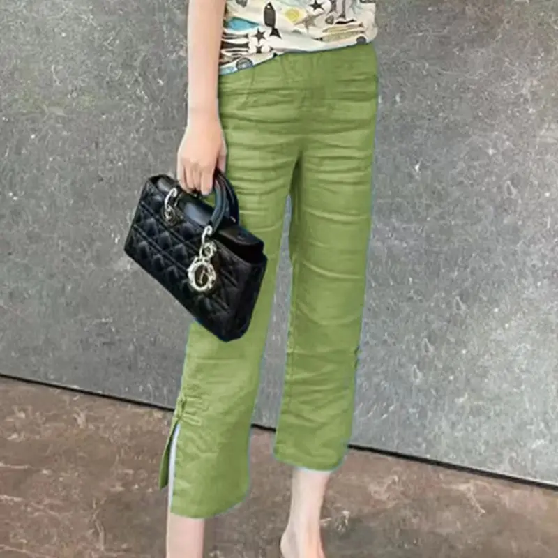 Summer Casual Loose Fit Slimming Linen Cropped Wide Leg Pants With Slit And Button Detail New Chinese Style High Waist Trousers