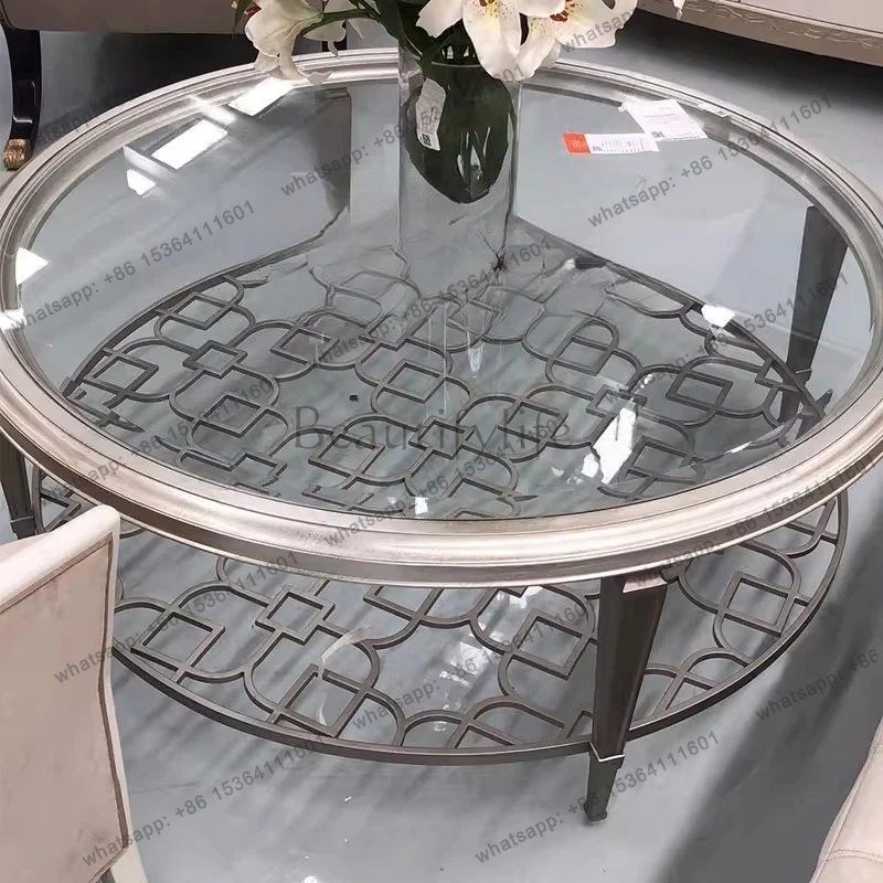 

American solid wood round glass metal creative personalized coffee table stainless steel hollow edge table