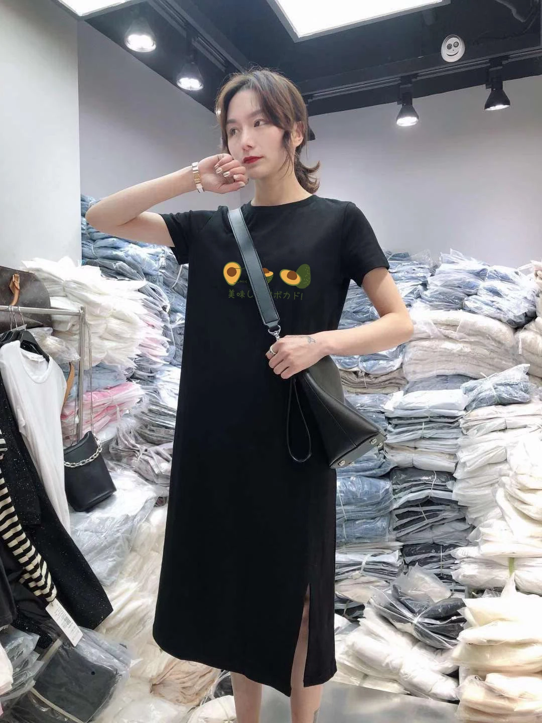 Robe Midi imprimée de fruits pour femmes, décontractée, ample, col rond, t-shirt noir, vêtements coréens pour filles, été, 2021