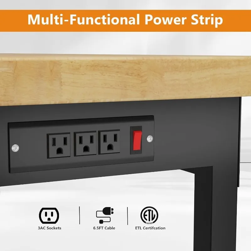 48" Work Bench with Drawers, Adjustable Height Workbench with Wheels, Heavy-Duty Work Table with Power Outlets, 2000 LBS Capacit