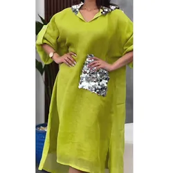 New Saudi style loose large size women's dress sequin cotton linen fish scale sequin hooded long skirt spring and autumn dress 0