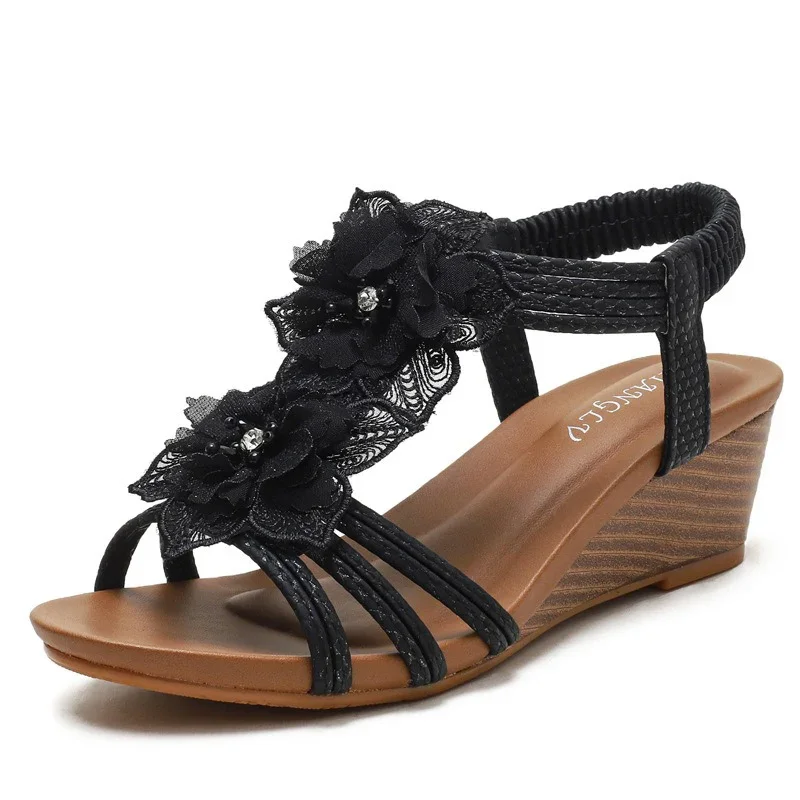 Summer Women 1.5cm Platform 5cm High Heels Sandals Lady Soft Holiday Outside Shoes Female Roman Elegant Leisure Flower Sandals