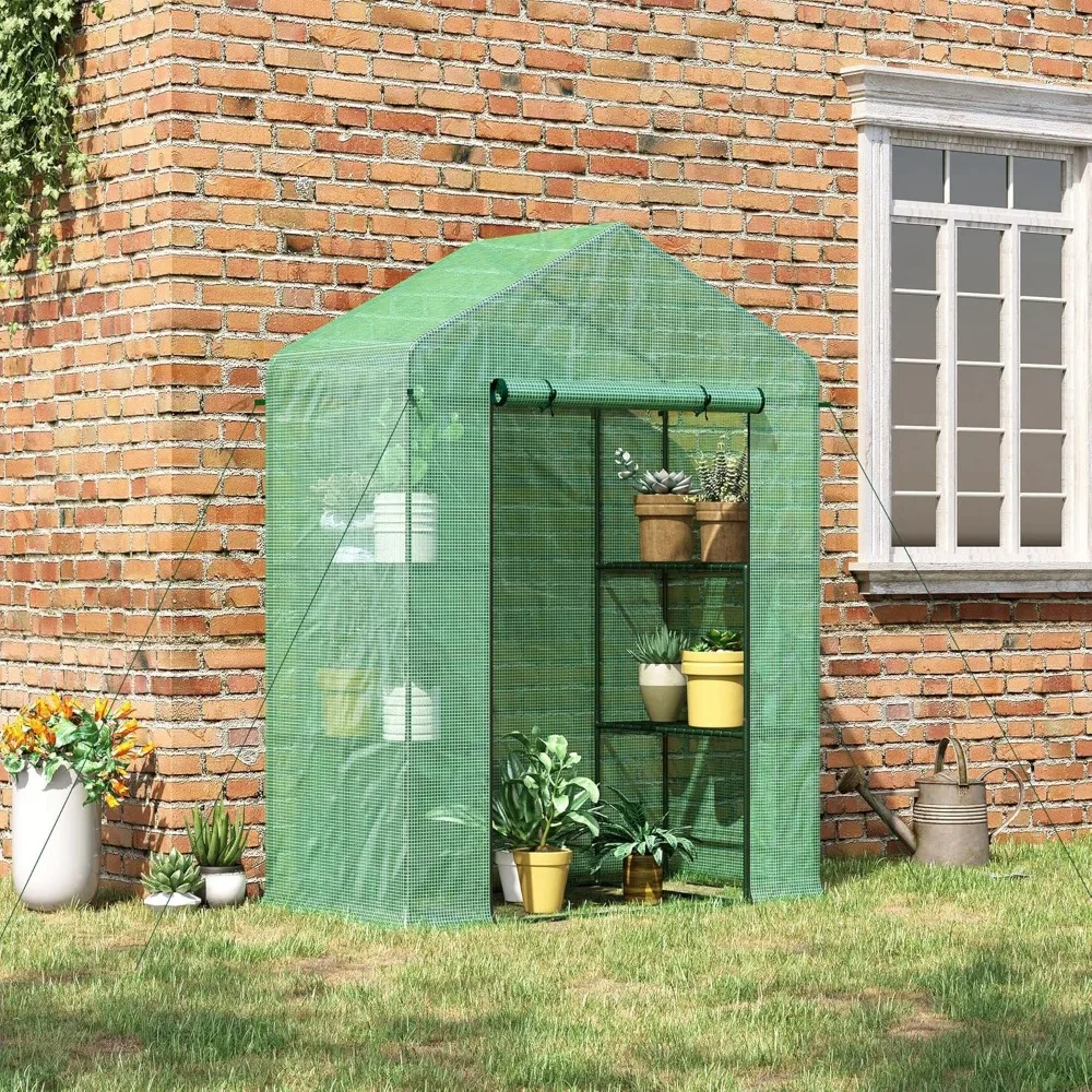 5' x 2.5' x 6.5' Mini Walk-in Greenhouse Kit, Portable Green House with 3 Tier Shelves, Roll-Up Door, and Weatherized PE Cover