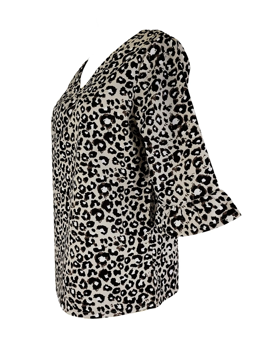 Neueste Übergröße Damen Leopardenmuster Bluse V-Ausschnitt Halber Rüschenärmel Lässiger Loser Pullover Elegante Modische Tunika-Oberteile – Detail 3