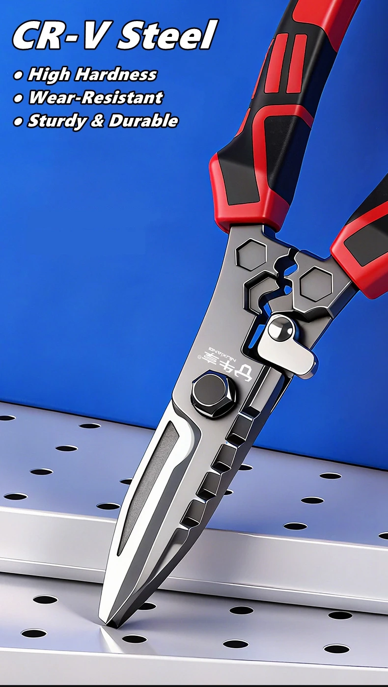 Industrial-Grade Multifunction Electrician Scissors, Crimping Wire Cutting Tool with Wrench for Metal Sheet and Cable Cutting