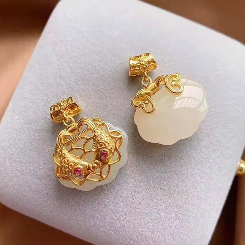 

New Sterling Silver Inlaid Natural Hetian White Jade Pendant Necklace Pisces Ethnic Style Niche Design Charm Lady Brand Jewelry