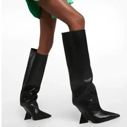 2024 New European and American Women's Knee Boots Fashion Pointed Shaped High Heels Women's Large Long Sleeve Boots