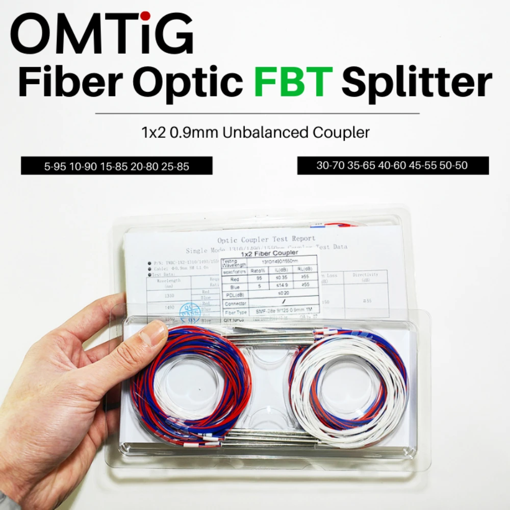 Divisor da fibra ótica, 10/90, 20/80, 30/70, 40/60, 50/50, 5/95, 15/85, 25/75, 35/65, 45/55, 1x2, 0,9 milímetros, 10 PCes