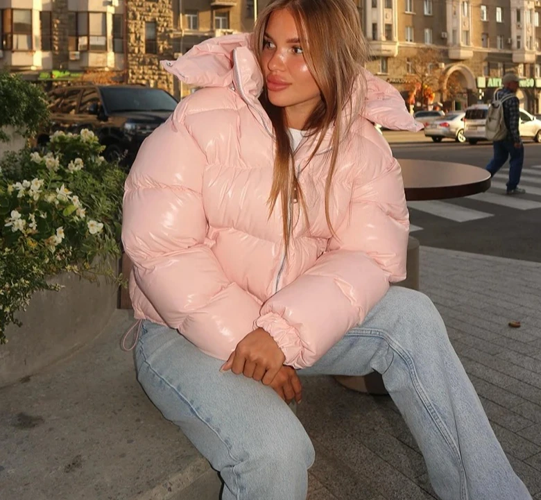 Capispalla caldo casual da donna invernale NewChic giacca trapuntata con cappuccio lucida da donna colletto alla coreana manica lunga cerniera cappotto imbottito solido