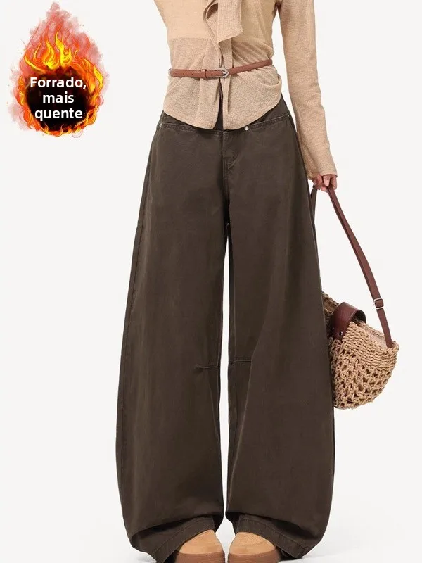 

Fleece Lined Warm Brown Denim Jeans Women's plus Size Loose Harem Straight Leg Wide Leg Pants Casual High Waist Pocket