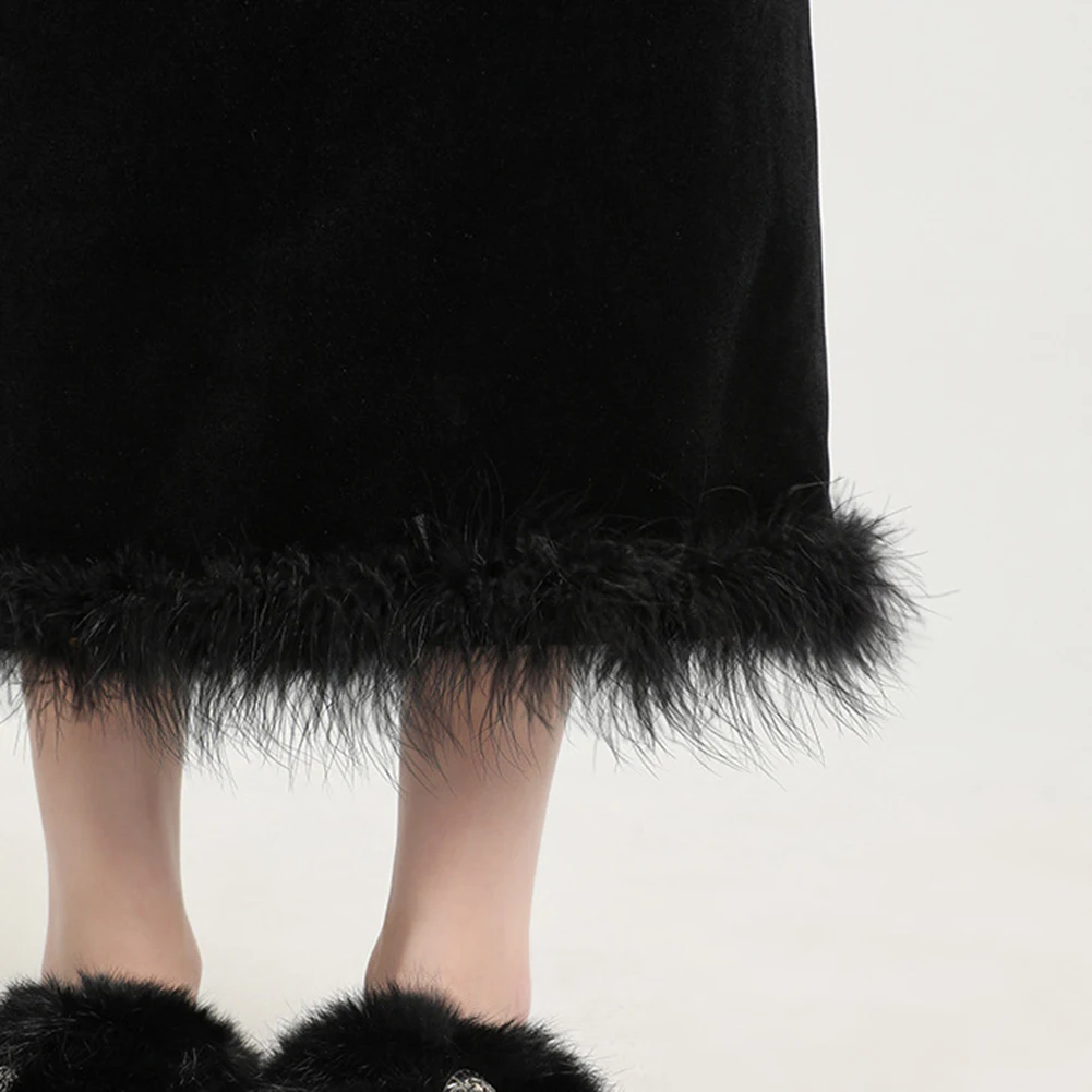 Club wear moda diária pena veludo saia elegante fenda saia casual férias wear para mulheres traje de férias preto