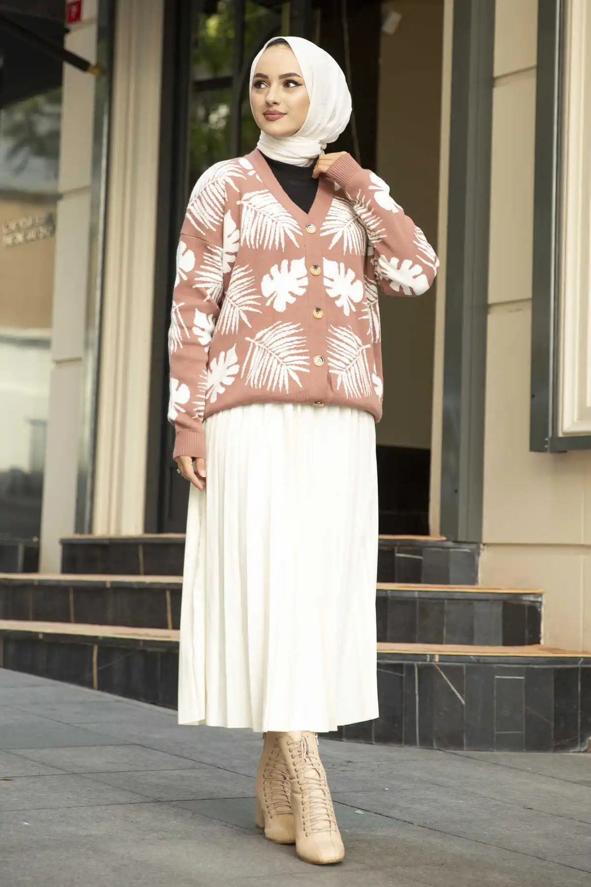 Palm Pattern Hijab Cardigan Dirty Pink