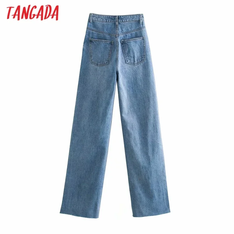 Tangada Fashion Women Hollow Ripped Blue Denim Jeans Pants Trousers High Waist Lady Pants Pantalon 4M02