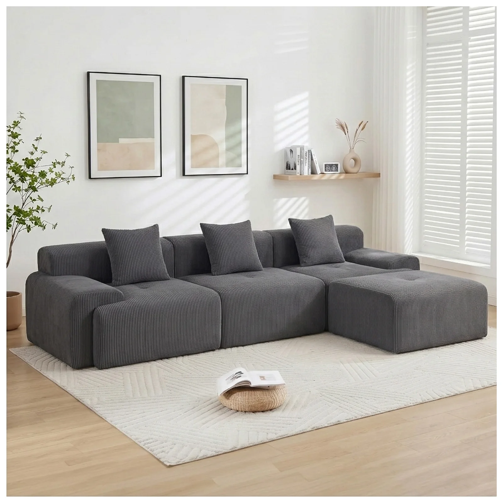 118" Modular Sectional Cloud Couch with Movable Ottoman, No Assembly Compressed Sofa, Deep Seat Corduroy Convertible L Shaped Couch, Boneless Couches for Living Room Apartment, Beige