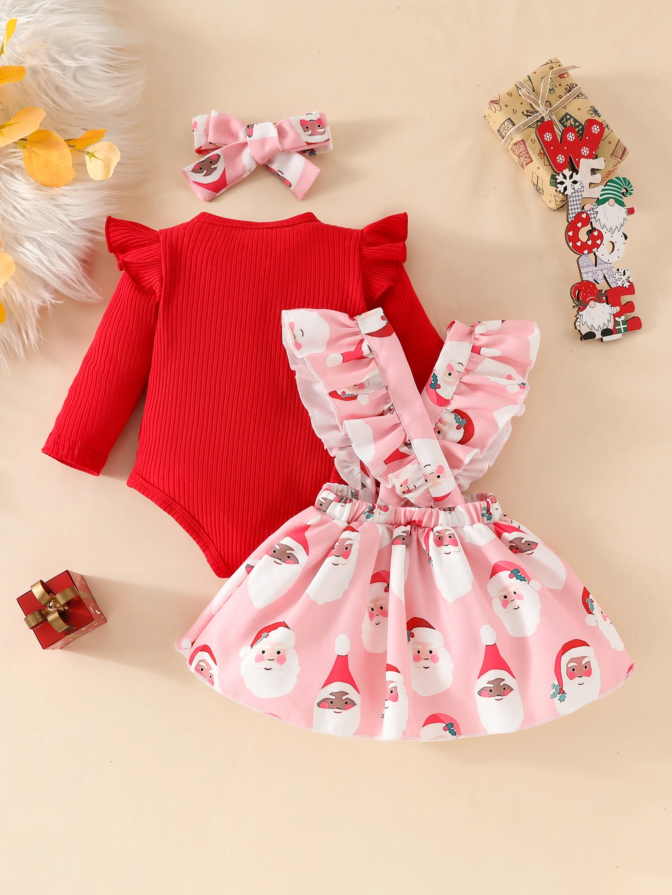 Baby Girl Fashionable Christmas Party Santa Claus Cute Cartoon All over Printed Red Bow Ruffled Cross Suspender Skirt + Toddler Triangle Crawling